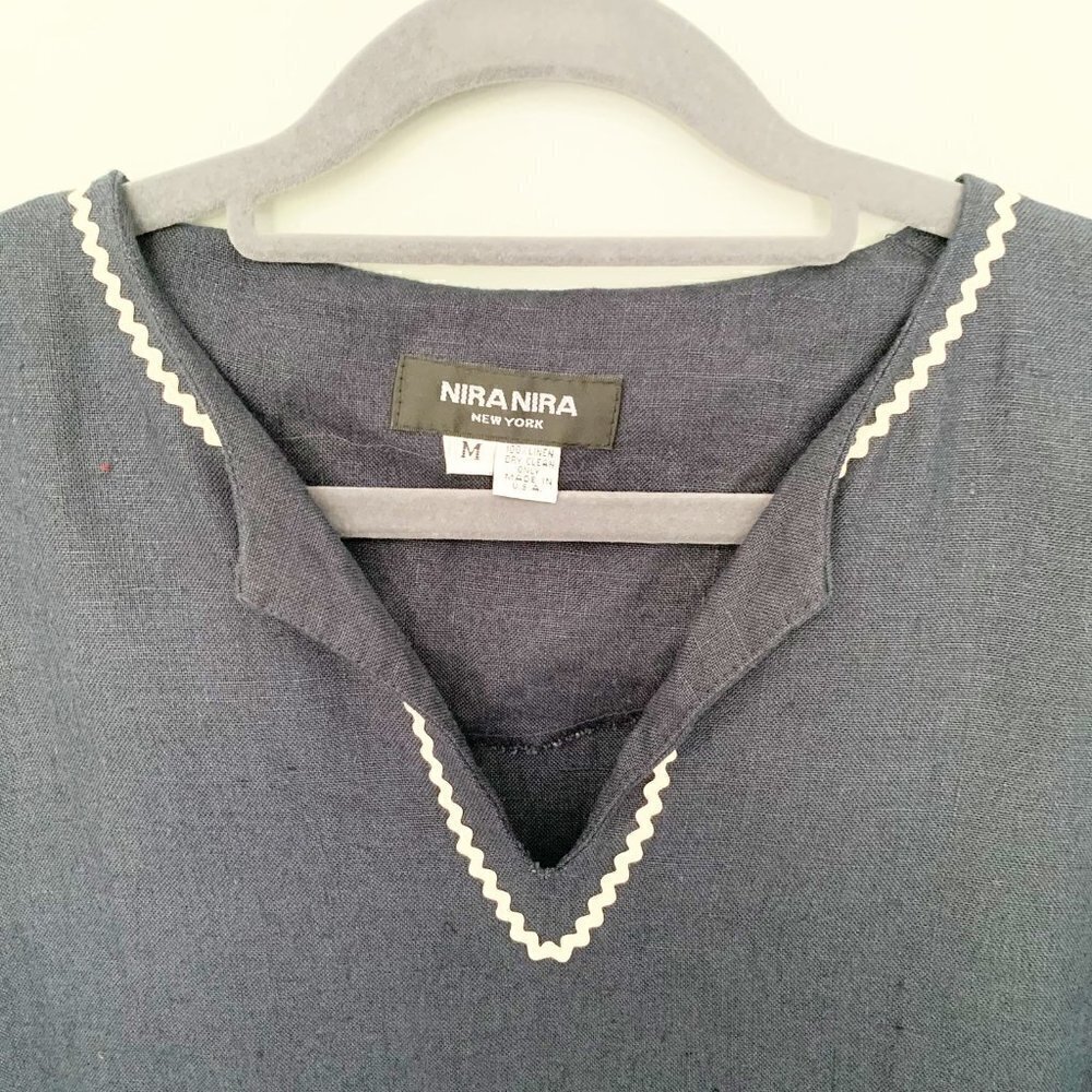 Nira Nira New York‎ Navy Blue Linen Ric Rac Embroidered Tunic Top Womens Size M - Picture 3 of 8